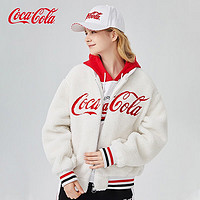 可口可乐 羊羔绒外套棒球服男冬季情侣款衣服 米白色 XS