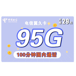 CHINA TELECOM 中国电信 翼久卡 29元月租（65G通用流量+30G定向流量+100分钟）长期套餐 送40话费