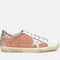 GOLDEN GOOSE Superstar 女士鳄鱼纹印花拼色休闲鞋 Mauve/White/Silver