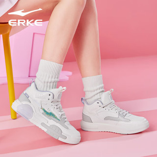 ERKE 鸿星尔克 官方旗舰板鞋女轻便耐磨女鞋高帮滑板鞋运动鞋 52122301415 橡芽白/一度灰 35