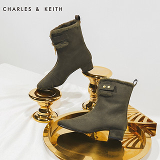 CHARLES & KEITH CHARLES＆KEITH5雪地靴女CK1-91680015拉链加绒及踝毛毛短靴 橄榄绿色OLIVE 35