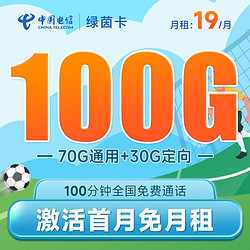 CHINA TELECOM 中国电信 绿茵卡 19元月租（100G全国流量+100分钟通话）长期套餐 激活送40