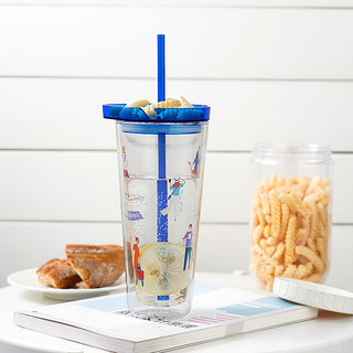 LOCK&LOCK 双层玻璃杯家用水杯果汁杯女早餐杯创意喝水杯子带吸管牛奶杯 蓝色含吸管-620ML