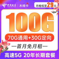 CHINA TELECOM 中国电信 木棉卡 29元月租（70G通用流量+30G定向流量）可选号