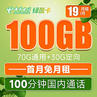 中国电信 绿茵卡 19元月租（100G全国流量+100分钟通话）激活送40 长期套餐