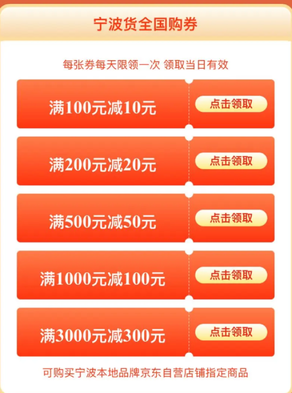 京东 宁波消费券 领100-10/200-20/500-50元优惠券