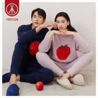 THREEGUN 三枪 睡衣情侣羽毛绒弹力春秋可爱水果男女同款保暖家居套装