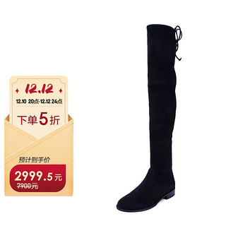 STUART WEITZMAN SW 女士麂皮高筒低跟靴黑色 LOWLAND BLACK SUEDE 6.5/37