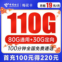 中国电信 梅花卡 19元月租（110G全国流量+100分钟通话）激活送30话费
