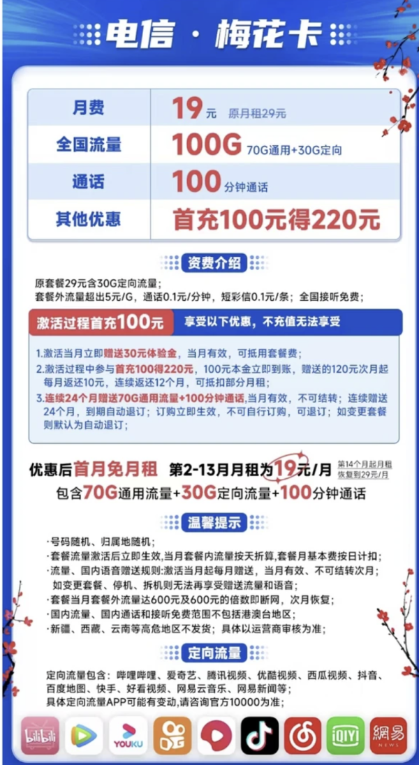 CHINA TELECOM 中国电信 梅花卡 19元月租(80G通用流量+30G定向流量+100分钟通话)激活送30