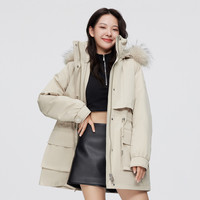 2022新款女式中长连帽大毛领工装派克休闲保暖羽绒服 XL 贝壳米