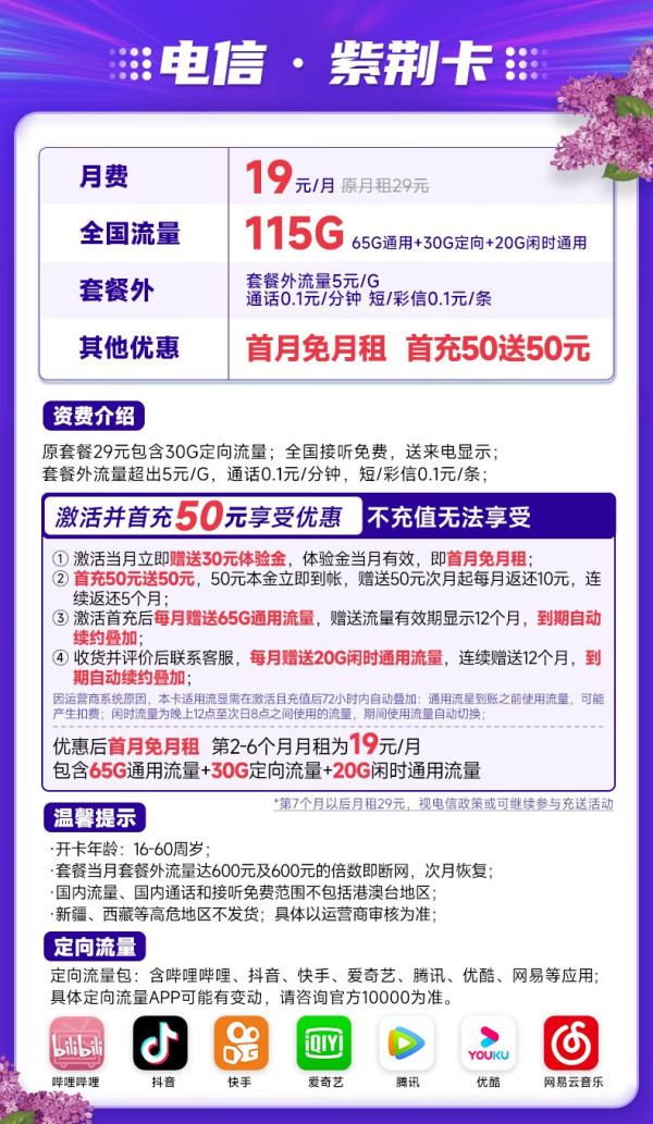CHINA TELECOM 中国电信 紫荆卡 19元月租(65G通用流量+30G定向流量+20G闲时流量)长期套餐