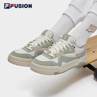 FILA 斐乐 FUSION斐乐潮牌女鞋潮流板鞋2022冬厚底休闲运动鞋BANK 微白/茶绿-WT 38.5