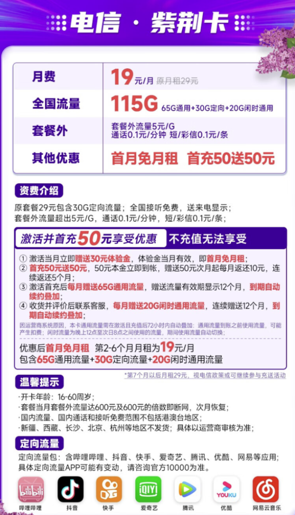 CHINA TELECOM 中国电信 紫荆卡 19元月租(65G通用流量+30G定向流量+20G闲时流量)