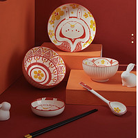 共禾京品 新春兔陶瓷餐具套装 6件套 朱砂红