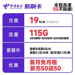 CHINA TELECOM 中国电信 紫荆卡 19元月租（65G通用流量+30G定向流量+20G闲时流量）激活送30话费 长期套餐