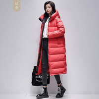 YAYA鸭鸭羽绒服女中长款2022冬季新款女装韩版修身连帽休闲防寒保暖羽绒外套女 红色 M