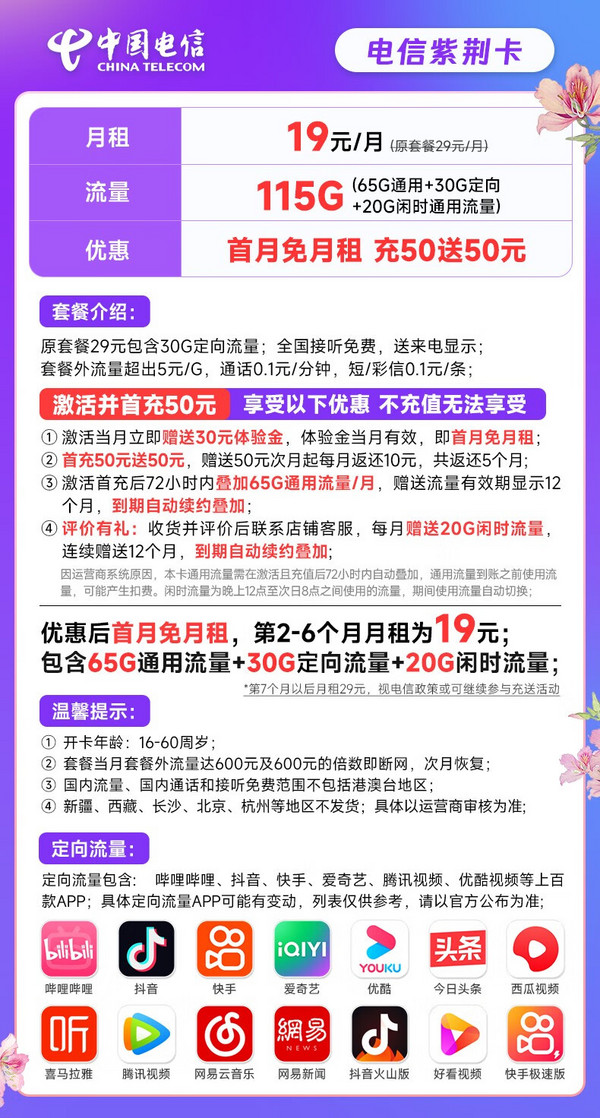 CHINA TELECOM 中国电信 紫荆卡 19元月租（65G通用流量+30G定向流量+20G闲时流量）长期套餐