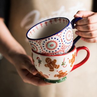 TANGZUN 唐尊 手绘复古大肚马克杯家用高脚水杯燕麦杯釉下彩陶瓷茶杯反口果汁杯