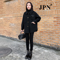JPN 香港潮牌短款双面呢羊绒大衣女2022秋冬新款赫本风黑色小个子单排扣羊毛呢外套宽松长袖呢子大衣 黑色 M