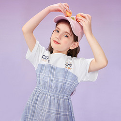 EPTISON 衣品天成 童装新款夏季女童中大儿童格纹韩版洋气短袖收腰连衣裙