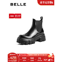 BeLLE 百丽 厚底烟筒靴女2022冬季新商场同款牛皮革提耳套筒加绒短靴BYF41DD2 黑色-单里 37