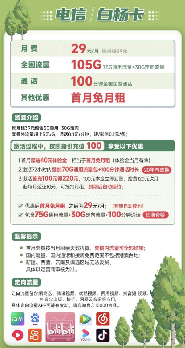 CHINA TELECOM 中国电信 白杨卡 29元月租(105G全国流量+100分钟通话)长期20年 激活送40