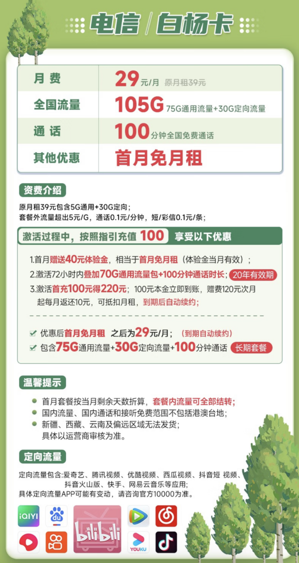 CHINA TELECOM 中国电信 白杨卡 29元月租（105G全国流量+100分钟通话）长期20年 激活送40