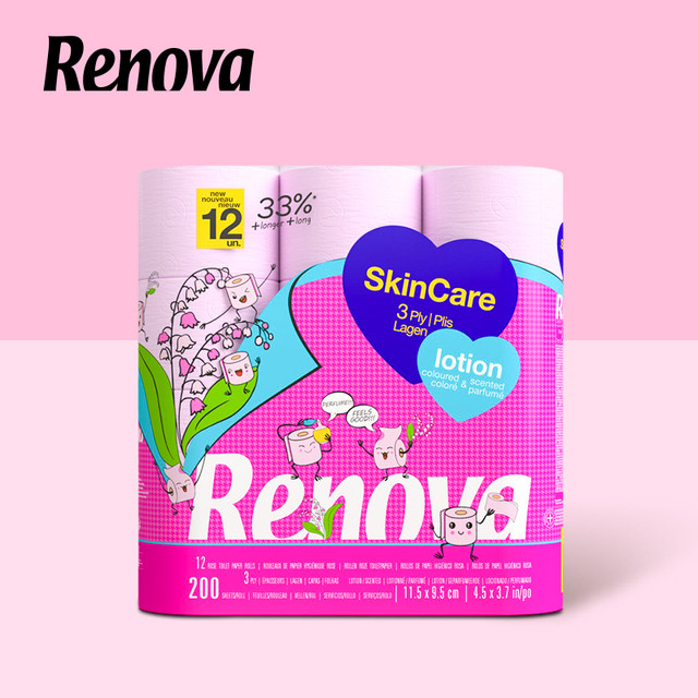 Renova 葡萄牙进口玫瑰香味卷纸浅粉色卫生纸家用厕所纸手纸12卷