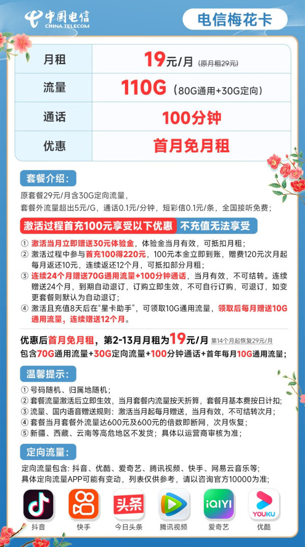 CHINA TELECOM 中国电信 梅花卡19元月租（110G全国流量+100分钟通话）激活送30 接听免费