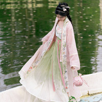瞳莞 淡绯色飞机袖一山春色绣花长褙子绿百迭裙天丝夏季吊带汉服女