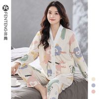 芬腾2023年新款睡衣女纯棉长袖开衫V领可爱菠萝春秋季家居服套装