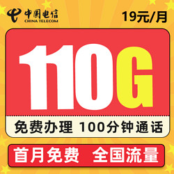 CHINA TELECOM 中国电信 鸿兴卡－19元110G流量＋100分钟＋首月免月租