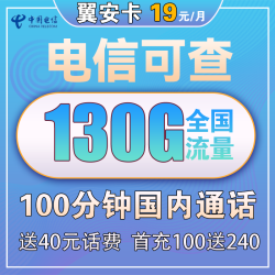 CHINA TELECOM 中国电信 翼安卡 19元月租（130G全国流量+100分钟通话）送40话费