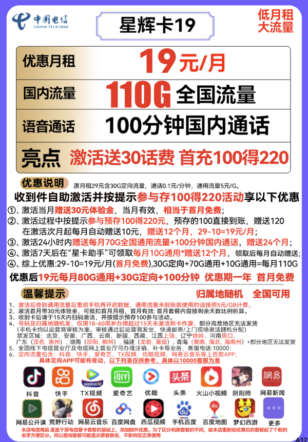 CHINA TELECOM 中国电信 星辉卡 19元月租（110G全国流量+100分钟通话）送30话费