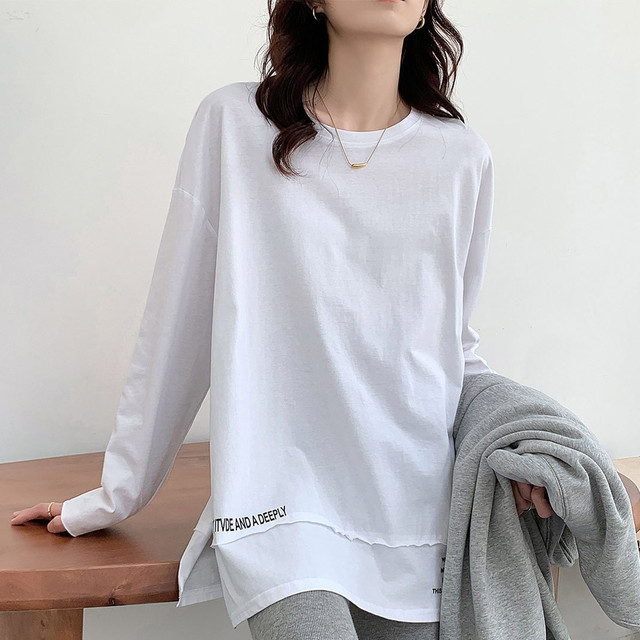 ASOBIO 傲鸶 长袖t恤上衣女春季新款时尚印花宽松显瘦圆领女式T恤潮