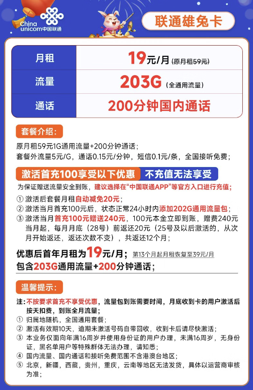 China unicom 中国联通 雄兔卡 19元月租（203G全国通用流量+200分钟通话）