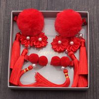 曲美思中国风头饰儿童汉服发饰女童古风流苏发夹新年款宝宝毛球头花套装 公主发饰套装99红色 公主发饰套装92