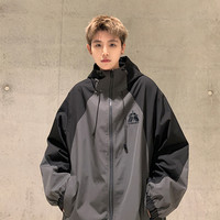 美式机能拼色冲锋衣外套男春秋款设计感日系复古连帽立领工装夹克