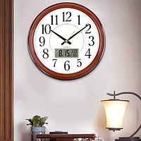 Hense 汉时 客厅挂钟仿实木创意时钟简约日历挂表温度显示石英钟表HW41