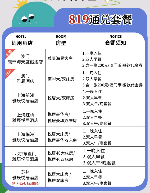 近机场、景点!雅辰酒店集团 澳门上海北京苏州4城7店1-3晚可拆通兑(1晚含早晚/代金券)