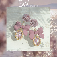 SW原创/公主的裙摆 复古甜美凡尔赛烟熏粉色花朵耳钉女蝴蝶结耳饰