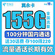 中国电信 翼永卡 19元月租（155G全国流量+100分钟通话） 送30话费+20年长期套餐