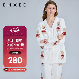 EMXEE 嫚熙 孕妇睡衣秋冬产妇产后加厚月子服小熊款半边绒哺乳怀孕期家居服套装 白色L码 MX218210391