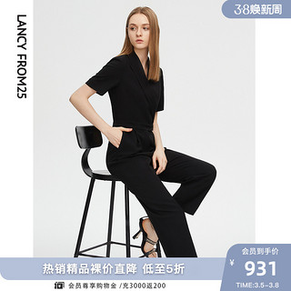 朗姿 法式高腰直筒气质收腰显瘦黑色连体裤女2022年夏季新款连体衣