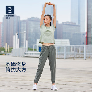 迪卡侬运动T恤女春秋宽松跑步短袖健身套装速干上衣WSDM 棕T+紫裤 XL