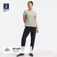 迪卡侬运动T恤女春秋宽松跑步短袖健身套装速干上衣WSDM 灰T+黑裤 M