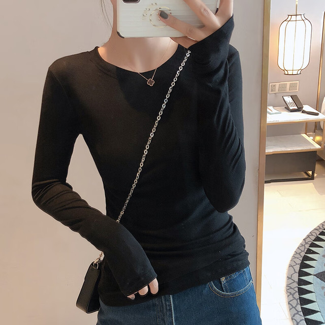 HMDIME 2022秋款长袖T恤女修身显瘦打底衫纯色长袖打底衫上衣HMEH189 黑色 L