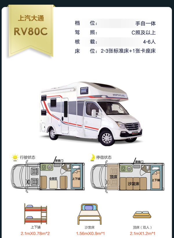 C照可开 ！房车随心租！上汽集团自营 80C/80B型房车3天2晚套餐