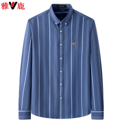 雅鹿 v/雅鹿男士长袖抗皱时尚春季商务免烫棉质条纹抗皱中年宽松衬衣